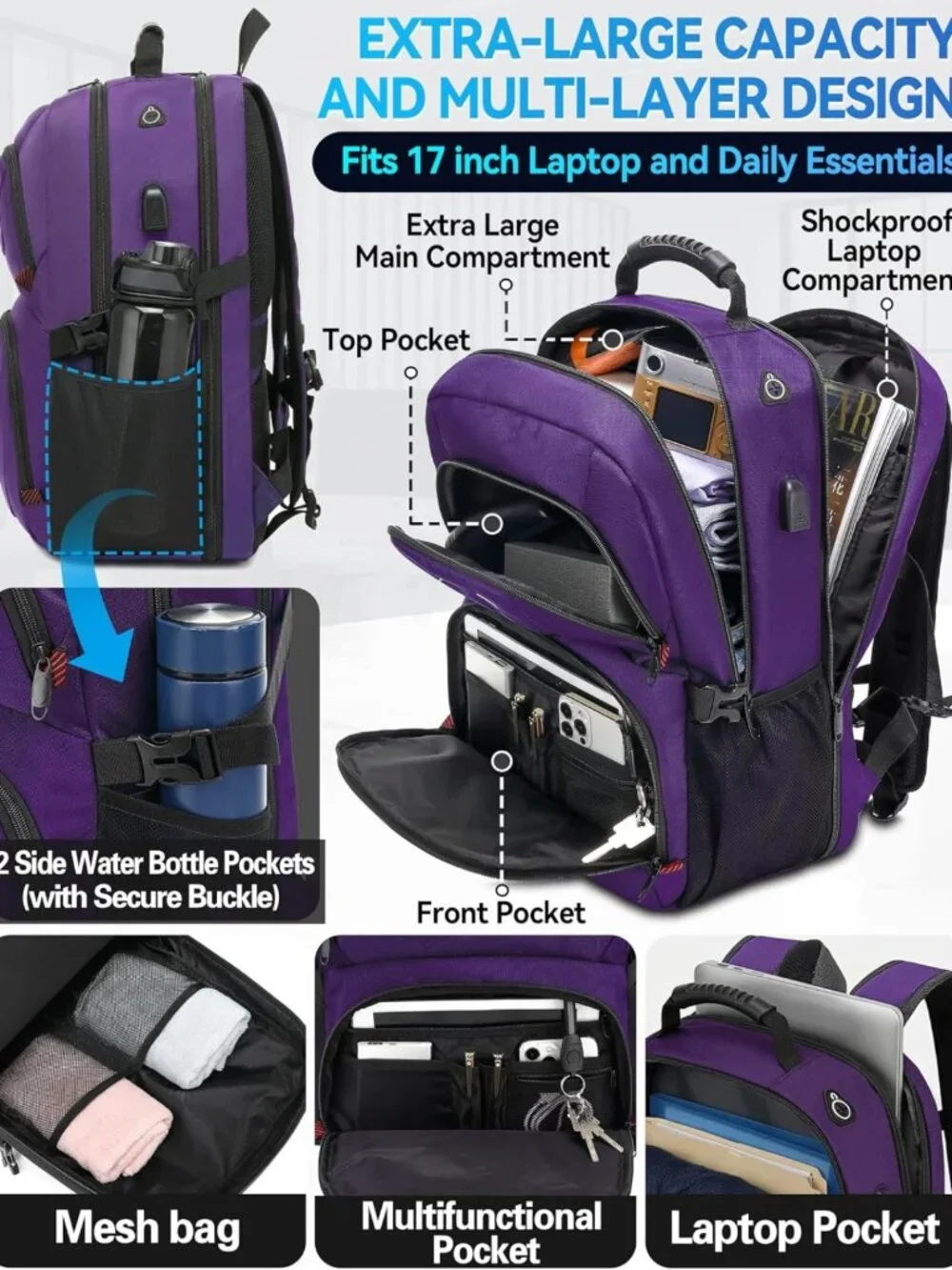 Extra Large Anti-Theft Travel Backpack for 17